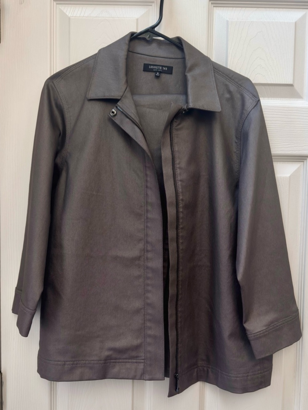 Lafayette 148 New York Gray Taupe Zip Front Jacket Stretch Cotton Sz Medium